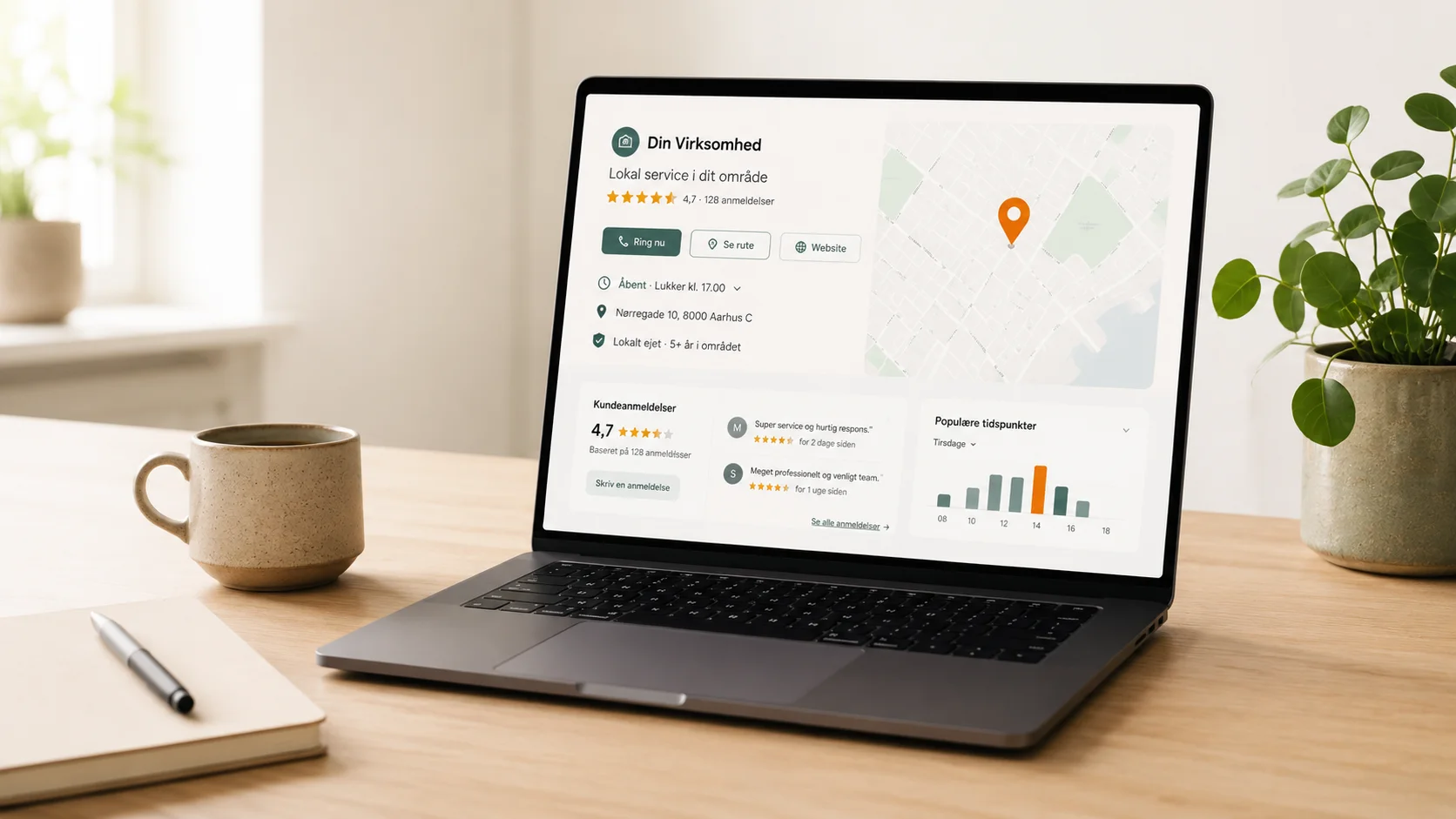 Laptop med lokal virksomhedsprofil, kortmarkør, anmeldelser og kontaktmuligheder til Google My Business-optimering