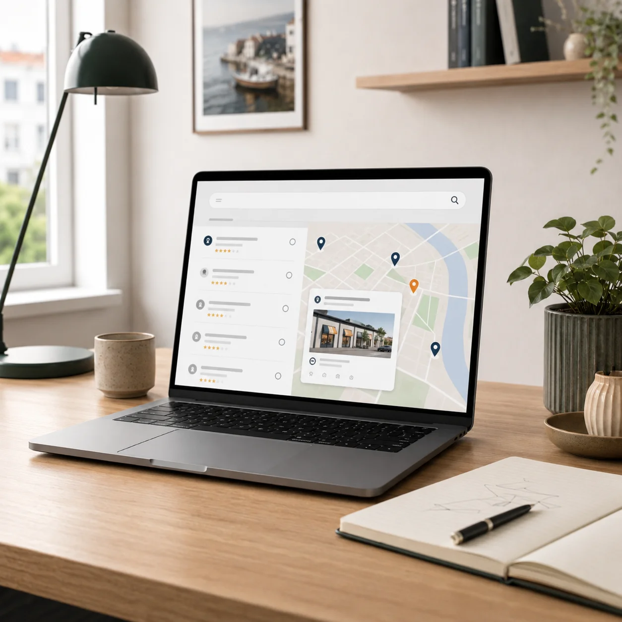 Laptop med lokale søgeresultater og kortvisning som symbol på lokal SEO for små virksomheder