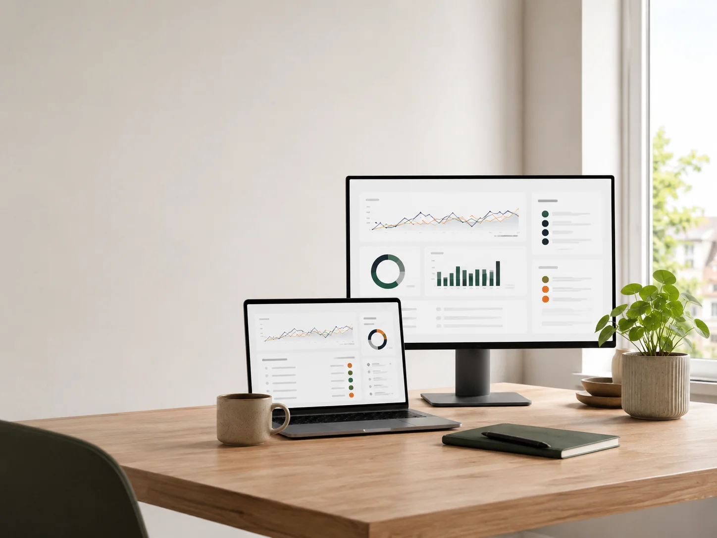 SEO-rådgivning med dashboard, grafer og hjemmesideoptimering på moderne arbejdsplads