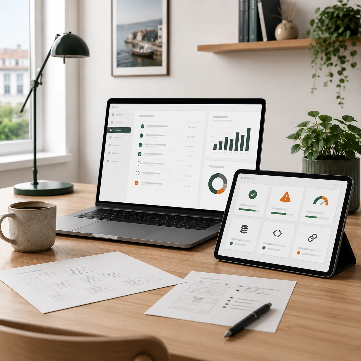 Teknisk SEO-overblik med WordPress-lignende dashboard, tjekliste og struktur på skærm