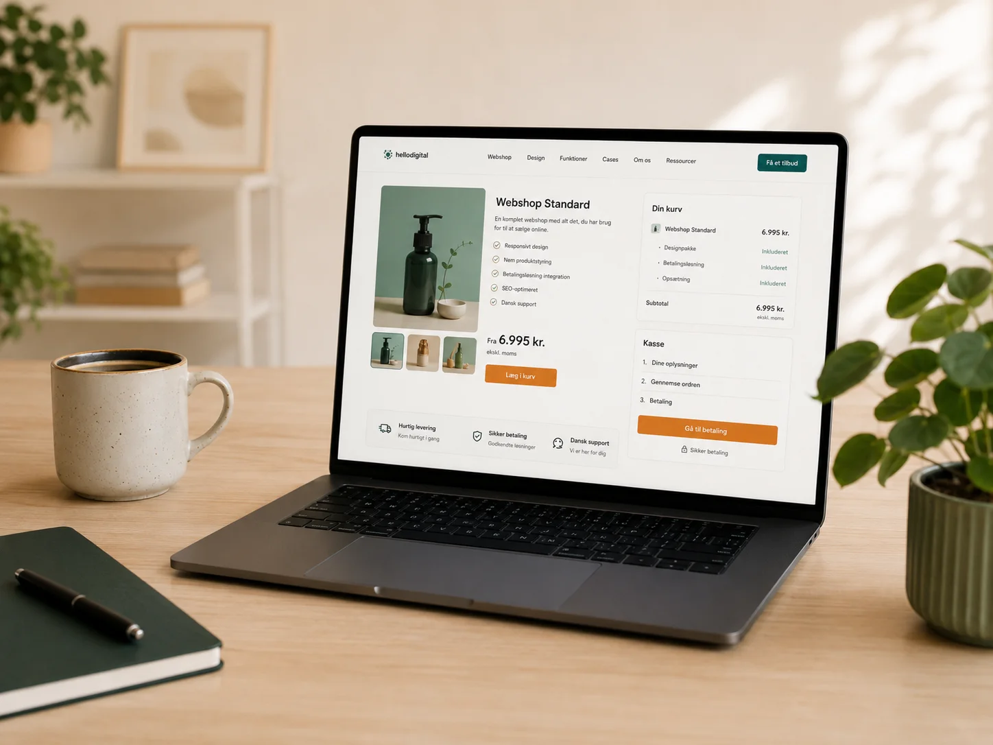 WooCommerce webshop med produktside, kurv og checkout vist på laptop i roligt kontormiljø